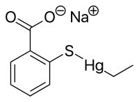 Line-angle chemical diagram of thimerosal, an organomercury compound common as a vaccine preservative.