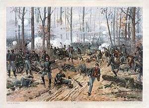 Thure de Thulstrup;s painting of the Battle of Shiloh, depicting soldies in battles in the woods