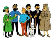 Tintin is standing in a group amongst the main characters of the comics series.