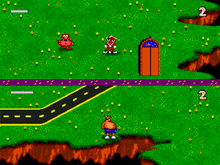 Two aliens, one red and one orange stand in fields surrounded by chasms. A red demon and an elevator are near the red alien. The two aliens are separated by a purple line that runs horizontally through the image.