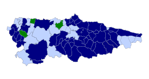 Color-coded map of Asturias, with most Asturian place-names official