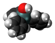 Space-filling model of the triphenyltin hydroxide molecule