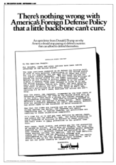 a full-page newspaper advertisement in which Trump placed full-page advertisements critiquing U.S. defense policy