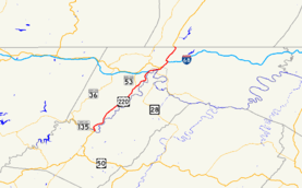 A map of Allegany County, Maryland showing major roads. U.S. 220 runs the length of the county from the West Virginia state line at McCoole to the Pennsylvania state line north of Cumberland.