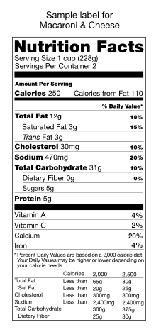 A black-and-white table headed "Nutrition Facts" and listing quantities of various nutrients exclusively in metric units