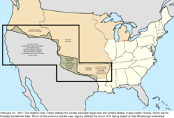 Map of the change to the United States in central North America on February 22, 1821