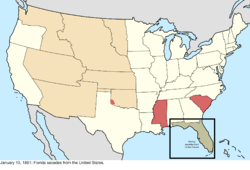 Map of the change to the United States in central North America on January 10, 1861