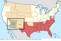 Map of the change to the United States in central North America on February 24, 1863