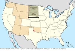 Map of the change to the United States in central North America on November 2, 1889