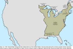 Map of the change to the international disputes involving the United States in central North America on May 12, 1784