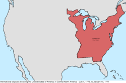 Map of the international disputes involving the United States in central North America from July 4, 1776, to January 15, 1777