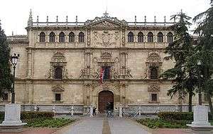 Plateresque facade of a three storied building.