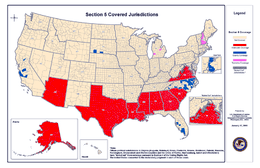 Map depicting states and counties encompassed by the Act's coverage formula in January 2008 (excluding bailed-out jurisdictions)