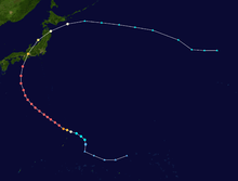 Track of a tropical cyclone as represented by colored dots; each dot represents the storm's position and intensity at 6-hour intervals.