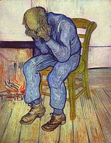 A painting of an old man who sits on a chair with his head in his hands.