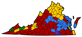 Virginia counties colored either red, blue, yellow, green, or purple based on the populations most common ancestry. The south-east is predominately purple for African American, while the west is mostly red for American. The north has yellow for German, with two small areas green for Irish. Yellow is also found in spots in the west. A strip in the middle is blue for English.