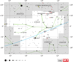 Diagram showing star positions and boundaries of the Virgo constellation and its surroundings