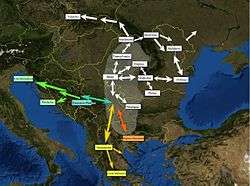 Map of southeastern Europe, with coloured arrows indicating the Vlach dispersion