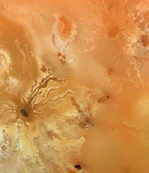 View of lava flows radiating from the volcano Ra Patera on Io