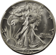 A 50-cent American silver coin dated 1945 and showing Lady Liberty walking, draped in the American flag