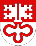 Per fess gules and argent, a key paleways with two shafts counterchanged