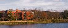 The Westport Library taken from the opposite side of the Saugatuck River.