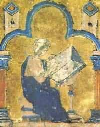 A miniature painting from a medieval manuscript, showing a man sitting at a desk writing a book.