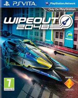 The game's cover art shows an illustration of a futuristic race craft in the centre with shielding around it. A missile is being fired from its starboard. The background contains some talls buildings with advertisment banners draped over them.