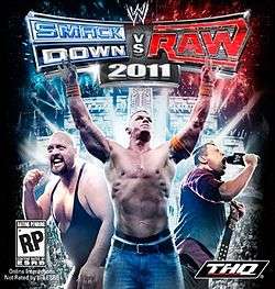 On the left, a large bald wrestler in a wrestling singlet clenches his fist, in the middle another wrestler wearing jeans holds his arms up, on the right, a blonde man holding a wrestling title belt screams into a microphone. Above them is a logo that reads "WWE Smackdown vs. Raw 2011. In the lower left is a logo that reads "RP" and in the bottom right is a logo that reads "THQ".