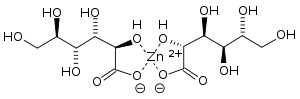 Skeletal chemical formula of a planar compound featuring a Zn atom in the center, symmetrically bonded to four oxygens. Those oxygens are further connected to linear COH chains.