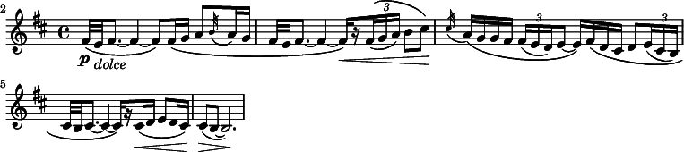 
\version "2.16.2"
\header { tagline = "" }
foo = \relative c' \new Staff {
  \key b \minor \time 4/4 \clef "treble"
  \set Staff.midiInstrument = "english horn"
  \set Score.tempoHideNote = ##t \tempo 4 = 44
  \set Score.currentBarNumber = #2 \bar ""
  \override TupletBracket #'stencil = ##f
  \override Score.SpacingSpanner #'common-shortest-duration = #(ly:make-moment 1 2)

  fis32\(\p e_\markup { \italic dolce } fis8. ~ fis4 ~ fis8\) fis16\( g a8 \acciaccatura { b32 } a16 g |
  fis32 e fis8. ~ fis4 ~ fis16[\)\< \set stemLeftBeamCount = #1 \set stemRightBeamCount = #1 r \set stemLeftBeamCount = #1 \times 2/3 { fis16(\( g a]) } b8 cis\) |
  \acciaccatura { cis32\! } a16\( g g fis \times 2/3 { fis( e d) } e8 ~ e16\) fis\( d cis d8 \times 2/3 { e16( cis b) } | \break
  cis32 b cis8. ~ cis4 ~ cis16[\) \set stemLeftBeamCount = #1 \set stemRightBeamCount = #1 r \set stemLeftBeamCount = #1  cis(\< d] e8 d16 cis) |
  cis8(\> b ~ b2.)\!
}
\score {
  \foo
  \layout {
    indent = 0\cm
    ragged-last = ##t
  }
}
\score {
  \foo
  \midi { }
}
