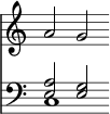 { \override Score.TimeSignature #'stencil = ##f \time 6/4 << { a'2 g' } \new Staff { \clef bass << { <a e>2 <g e> } \\ { c1 } >> } >> }