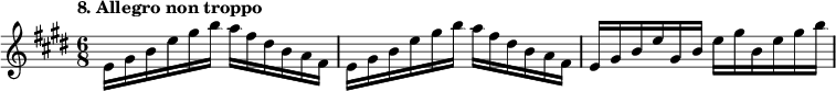 
%etude8
\relative e'
{  
\time 6/8
\tempo "8. Allegro non troppo"
\key e \major
e16 gis b e gis b a fis dis b a fis | e16 gis b e gis b a fis dis b a fis | e gis b e gis, b e gis b, e gis b |
}

