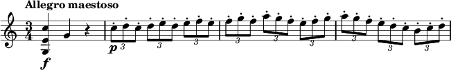 
\relative c'' {
  \tempo "Allegro maestoso"
  \time 3/4
  <c e, g,>4\f g r |
  \times 2/3 { c8-.\p d-. c-. } \times 2/3 { d-. e-. d-. } \times 2/3 { e-. f-. e-. } |
  \times 2/3 { f8-. g-. f-. } \times 2/3 { a-. g-. f-. } \times 2/3 { e-. f-. g-. } |
  \times 2/3 { a8-. g-. f-. } \times 2/3 { e-. d-. c-. } \times 2/3 { b-. c-. d-. } |
}
