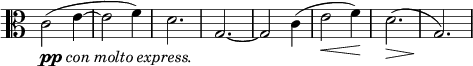 
\relative c' \new Staff \with { \remove "Time_signature_engraver" } {
 \key c \major \time 3/4 \clef C
  c2 _\markup {\dynamic pp \italic { con molto express. } }( e4~ e2 f4) d2. g,2.~ g2 c4( e2\< f4\!) d2.\>( g,2.\!)
}
