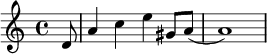 \relative c' { \partial 8 d8 a'4 c e gis,8 a(a1) }