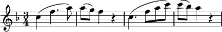 
\new Score {
  \new Staff {
    \relative c'' {
      \clef treble
      \key f \major
      \time 3/4
      c4( f4. a8) | a8( g) f4 r | c4.( f8 a c) | c8( bes) a4 r |
    }
  }
}
