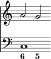 { \override Score.TimeSignature #'stencil = ##f \time 6/4 << { a'2 g' } \new Staff { \clef bass { c1 } } \figures { < 6 >2 < 5 > } >> }