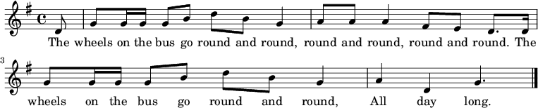 { \key g \major \time 4/4 \partial 8 d'8 | g'8 g'16 g' g'8 b' d'' b' g'4 | a'8 a' a'4 fis'8 e' d'8. d'16 | g'8 g'16 g' g'8 b' d'' b' g'4 | a' d' g'4. | \bar "|." } \addlyrics { The wheels on the bus go round and round, round and round, round and round. The wheels on the bus go round and round, All day long. }