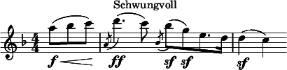  \relative c'' { \clef treble \key f \major \numericTimeSignature \time 4/4 \partial 8*3 a'8(\f\< bes c)\! | \slashedGrace { a,( } d'4.)(\ff^"Schwungvoll" c8) \slashedGrace { bes,( } bes'\sf)([ g\sf) e8. d16] | d4\sf( c) } 