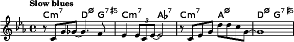 
\relative c' { 
<<
\new ChordNames { 
\set chordChanges = ##t
\chordmode { c2:m7 d4.:m7.5- g8:7.5+ | c2:m7 aes:7 | c:m7 a:m7.5- d:m7.5- g:7.5+}
}
\new Staff {
\tempo "Slow blues"
\key ees \major
r8 c g' ges~ ges4. f8 | ees4 \times 2/3 { ees8 c ees~ } ees2 | r8 c ees g d' d c g~ | g1 
}
>>
}
