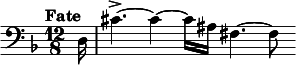  \relative c { \clef bass \key d \minor \time 12/8 \tempo "Fate" \partial 16*1 d16 | cis'4.->~ cis4~ cis16) ais fis4.~ fis8 } 