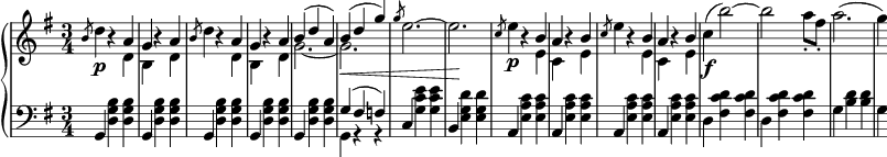 
 \relative c' {
  \new PianoStaff <<
   \new Staff { \key e \minor \time 3/4
    <<
   {
    s16 \slashedGrace b'8 s4 b4\rest a g b4\rest a \slashedGrace b8 s4 b4\rest a g b4\rest a b( d a) b( d g) \slashedGrace g8 s2. s \slashedGrace c,8 s4 b4\rest b a b4\rest b \slashedGrace c8 s4 b4\rest b a b4\rest b
   }
    \\
   {
    s16 d4\p s4 d, b s d d'4 s4 d, b s d g2.~ g\< e'2.^~ e\! e4\p s4 e, c s e e'4 s4 e, c s e c'\f^( b'2^~) b a8-. fis-. a2.^( g4) b,4\rest b4\rest
   }
    >>
   }
   \new Dynamics {
    
   }
   \new Staff { \key e \minor \time 3/4 \clef bass
    <<
      { s16 g,,4 s s g s s g s s g s s g s s g'( fis f) c s s b s s a s s a s s a s s a }
    \\
      { s16 s4 <d g b> <d g b> s <d g b> <d g b> s <d g b> <d g b> s <d g b> <d g b> s <d g b> <d g b> g, r r s <g' c e> <g c e> s <e g d'> <e g d'> s <e a c> <e a c> s <e a c> <e a c> s <e a c> <e a c> s <e a c> <e a c> d <fis c' d> <fis c' d> d <fis c' d> <fis c' d> g <b d> <b d> g <b d> <b d> }
    >>
      }
  >>
 }
