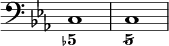 { \override Score.TimeSignature #'stencil = ##f \time 4/4 \key c \minor \clef bass << { c1 c } \figures { < 5- >1 < 5/ > } >> }