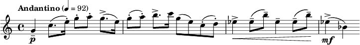  \relative c'' { \clef treble \time 4/4 \set Staff.midiInstrument = #"violin" \tempo "Andantino" 4=92 g4\p-- c8.( e16-.) g8-.[ a-.] g8.->( e16) | g8-.( a-.) b8.-> c16 g8( e) c-.( d-.) | ees4->\< ees8--( b'--) ees,4-- ees8--( b'--)\! | ees,4->\mf( bes) } 