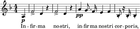  \relative c' { \clef treble \key d \minor \numericTimeSignature \time 4/4 \partial 4*1 a4\p | f'2-> d4 r | f2-> d4 r | \autoBeamOff a'\pp g8. f16 e4 f | bes,8-. r16 bes-. bes4-. } \addlyrics { In -- fir -- ma no -- stri, in -- fir -- ma no -- stri cor -- po -- ris, } 