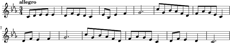 
{
% 0
 \tempo "allegro"
\numericTimeSignature \time 3/4 \key c \minor
 c'8 d'8 ees'8 ees'8 ees'4 d'8 f'8 ees'8 d'8 c'4 ees'8 bes8 ees'4 f'4 g'2.

% 2

c''8 g'8 bes'8 aes'8 f'8 d'8 f'8 aes'8 g'8 ees'8 c'4 d'8 f'8 ees'4 f'4 g'2. c''8 g'8 bes'8 aes'8 f'8 d'8 f'8 aes'8 g'8 ees'8 c'4 d'8 f'8 ees'4 d'4 c'2.
\bar "|"
}
