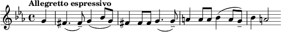  {\key c \minor \tempo "Allegretto espressivo" \partial 4 g'4 fis'4.( fis'8--) g'4( bes'8 g'8) fis'4 fis'8 fis'8 g'4.( g'8--) a'4 a'8 a'8 bes'4( a'8 g'8--) bes'4 a'2 } 