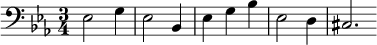 
\relative c {
  \clef bass
  \key ees \major
  \time 3/4
  ees2 g4 ees2 bes4 ees4 g4 bes4 ees,2 d4 cis2. \bar ""
}
