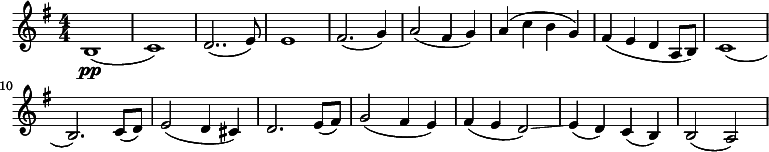  \relative c' { \clef treble \key g \major \numericTimeSignature \time 4/4 b1\pp( | c) | d2..( e8) | e1 | fis2.( g4) | a2( fis4 g) | a( c b g) | fis( e d a8 b) | c1( | b2.) c8( d) | e2( d4 cis) | d2. e8( fis) | g2( fis4 e) | fis( e d2)\glissando | e4( d) c( b) | b2( a) } 